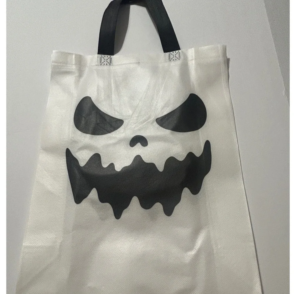 Halloween Trick or Treat Bag White Pumpkin Ghost Face Reusable Tote Spooky 15in